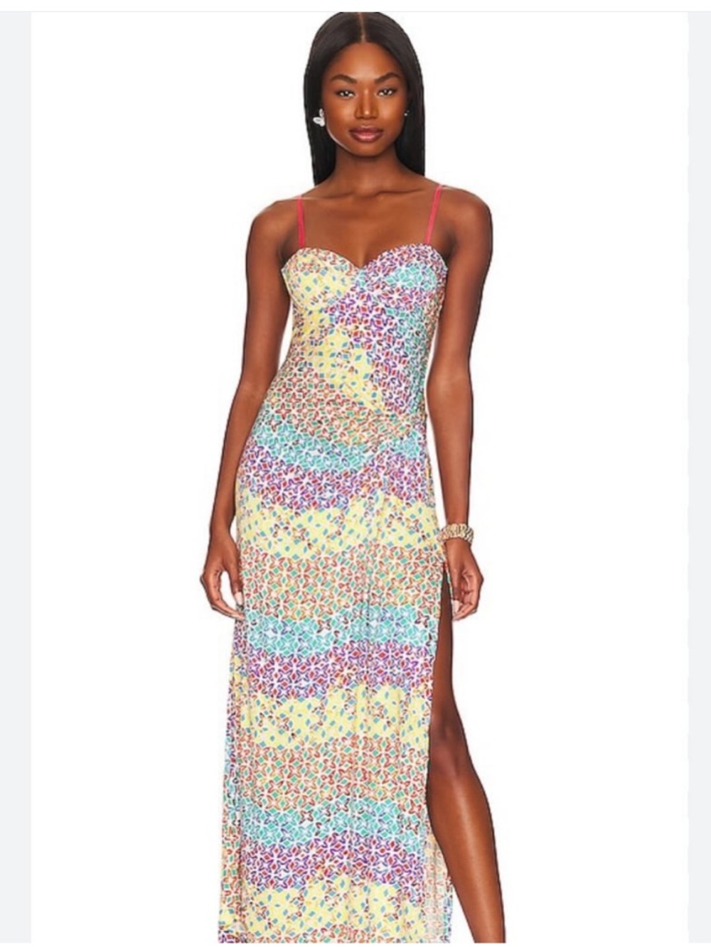 REVOLVE Multicolor Floral Midi Dress with Pink Straps
